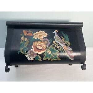 Vintage Tole Painted Magazine Holder Black Metal Rack Floral Peacock Bird